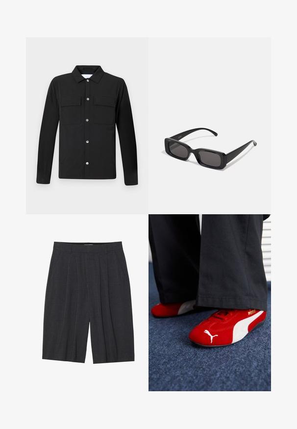 Schwarze Jacke mit Kragen, zwei Brusttaschen und silbernen Druckknöpfen. Hergestellt aus glattem Stoff mit geradem Schnitt und langenÄrmeln.; Weißes T-Shirt mit kurzen Ärmeln aus Baumwolle, das über einen Rundhalsausschnitt und einen lockeren Schnitt mit geradem Saum verfügt. Keine Muster oder Verzierungen.; Dunkelgraue, plissierte Shorts aus strukturiertem Stoff, mit einem Bund und geradem Beinanschnitt, ohne sichtbare Taschen oder Details.; Rote Wildledersneaker mit weißen Akzenten, aus strukturiertem Material, mit runder Zehenpartie und einem goldenen Logo an der Seite, getragen mit schwarzen Hosen.; Schwarze rechteckige Sonnenbrille mit dunklen Gläsern, glänzender Oberfläche, breiten Bügeln und einem klobigen Rahmen-Design. Gravierter Markenname auf einem Bügel.