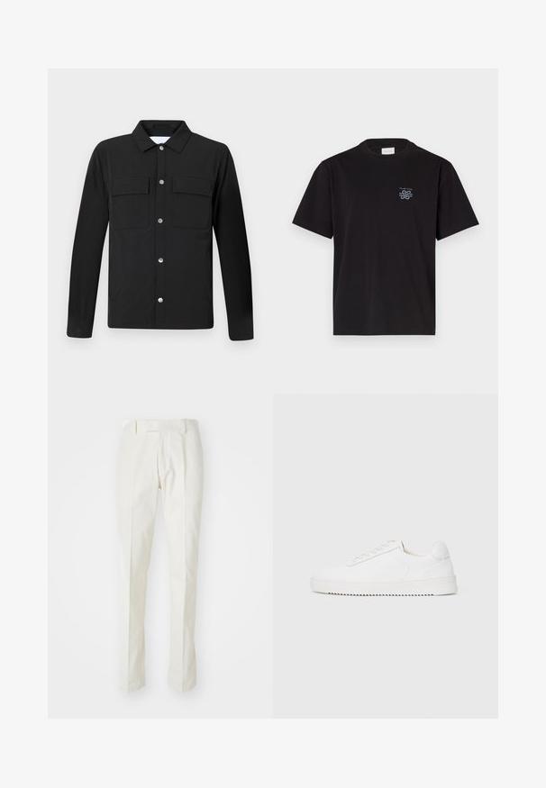 Črna jakna s ovratnikom, dvema žepoma na prsih in srebrnimi gumbi na pritisak. Narejena iz gladkega blaga, s ravnim krojem in dolgimi rokavi.; Črna bombažna majica s kratkimi rokavi in kroоровim ovratnikom. Ima majhen modri logotip na levem prsnem delu. Preprost, ravno krojen dizajn.; Bele hlače iz bombaža, s krojem ravnih nogavic, ravnim sprednjim delom in brez vidnih vzorcev ali kovinskih delov. Gladka tekstura.; Bela teniska z gladkim usnjenim zgornjim delom, okroglim nosom, vezalkami, teksturiranimi stranskimi poudarki in debelim gumijastim podplatom. Minimalističen dizajn.