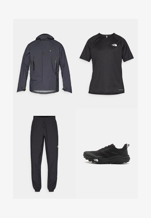 Black waterproof jacket with high collar, adjustable cuffs, and two zippered pockets. Features blue logo and textured accents.; Black short-sleeve athletic shirt with a textured fabric, featuring a white logo on the left chest and a straight hem.; Black athletic pants made from lightweight fabric, featuring a drawstring waistband, side pockets, and tapered cuffs at the ankles.; Black trail running shoe with a textured upper, rubber sole, and reinforced toe cap. Features a padded collar and pull tab for easy wear.
