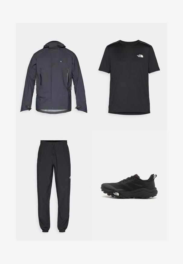 Mustat veekindlad joped kõrge kraega, reguleeritavad mansetid ja kaks lukuga taskut. Omab sinist logo ja tekstuurseid aktsente.; Must mustaöödiga must T-särk, mis on valmistatud kerge riidekanga. Esiküljel on vasakul rinnal väike valge logo ning õlgadel on peened aktsendid.; Mustavad sportlikud püksid, mis on valmistatud kergest kangast, joonlauaga taljest, küljetaskudega ja kitsenevate varrukatega pahkluude juures.; Must tume jooksujalats musta värvi, tekstuurse ülemise osaga, kummist tallaga ja tugevdatud varbaga. Omab pehmendusega krae ja tõmblinti mugavaks selga panemiseks.