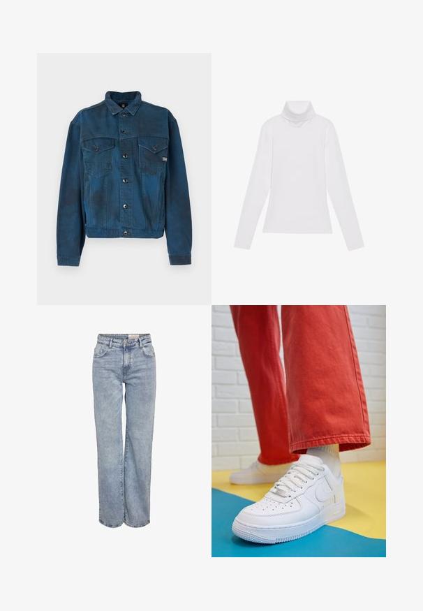 Temno modra denim jakna z dvema žepoma na prsih, zapiranje na gumb in klasičnim ovratnikom. Ima rahlo načet teksturo na materialu.; Bela dolga majica s turtleneck ovratnikom, izdelana iz gladke, raztegljive tkanine. Ima visok ovratnik in prilega telesu, brez vidnih vzorcev ali okrasitev.; Svjetloplave široke traperice od denima, sa visokim strukom, dizajnom s pet džepova i suptilnim blijeđenjem za izgled nakon nošenja.; Beli usnjeni športni čevlji s perforiranim prstnim delom, teksturiranim podplatom in belimi vezalkami, v kombinaciji s širokimi rdečimi hlačami in modro-rumeno ozadje.