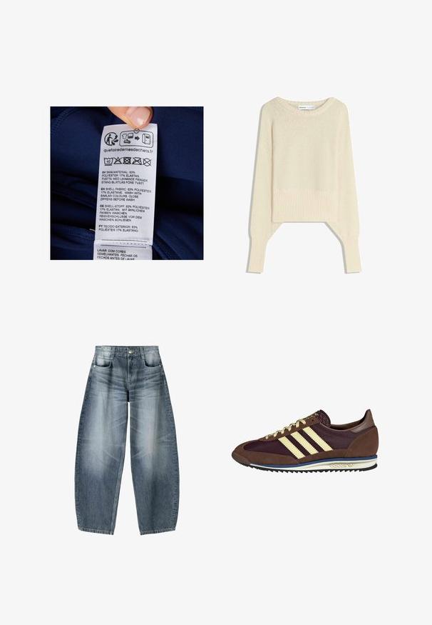 Navy fabric label featuring washing instructions and material details. Text in multiple languages: 83% polyester, 17% elastane.; Light beige cropped sweater, made with a soft knit fabric, features a wide neckline, drop shoulders, and ribbed cuffs and hem.; Wide-leg jeans made of light blue denim with fading, featuring a five-pocket design, button fly, and minimal stitching details.; Brown and burgundy sneaker with suede and mesh materials, featuring three cream stripes, textured fabric on the tongue, and a rubber sole.