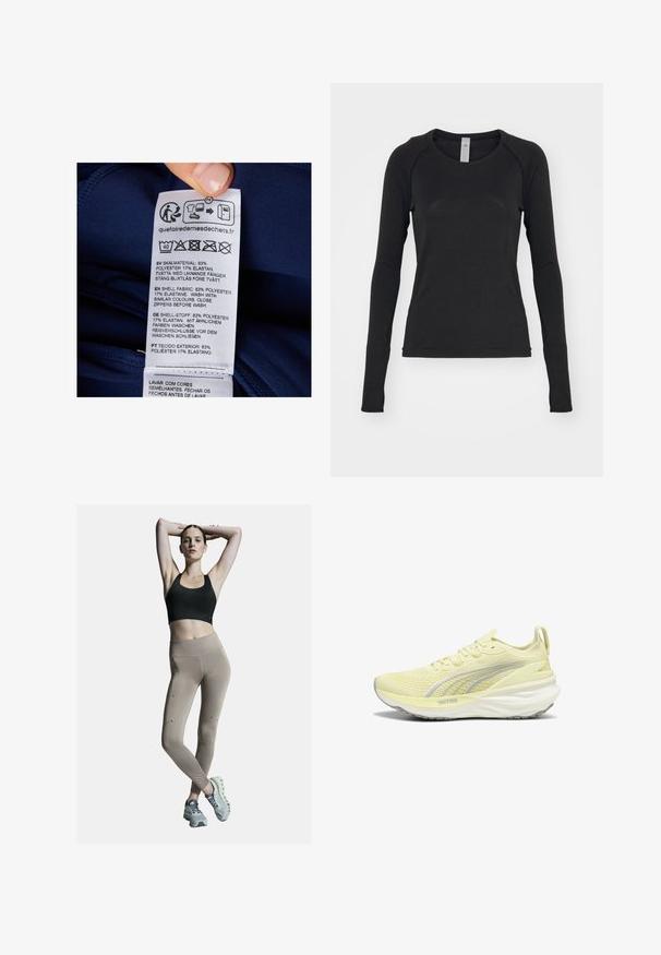 Etichetta di tessuto navy con istruzioni di lavaggio e dettagli sui materiali. Testo in più lingue: 83% poliestere, 17% elastan.; Camicia a maniche lunghe nera, realizzata in tessuto morbido. Presenta un collo rotondo e maniche raglan con aperture per il pollice nei polsini. Design minimalista.; Reggiseno sportivo nero e leggings beige a vita alta, con cuciture laterali e dettagli. Il modello indossa scarpe da ginnastica grigio chiaro con suola imbottita.; Scarpa da ginnastica gialla chiara con parte superiore testurizzata, accenti grigi e suola ammortizzata. Presenta un design con lacci e una linguetta sul tallone.