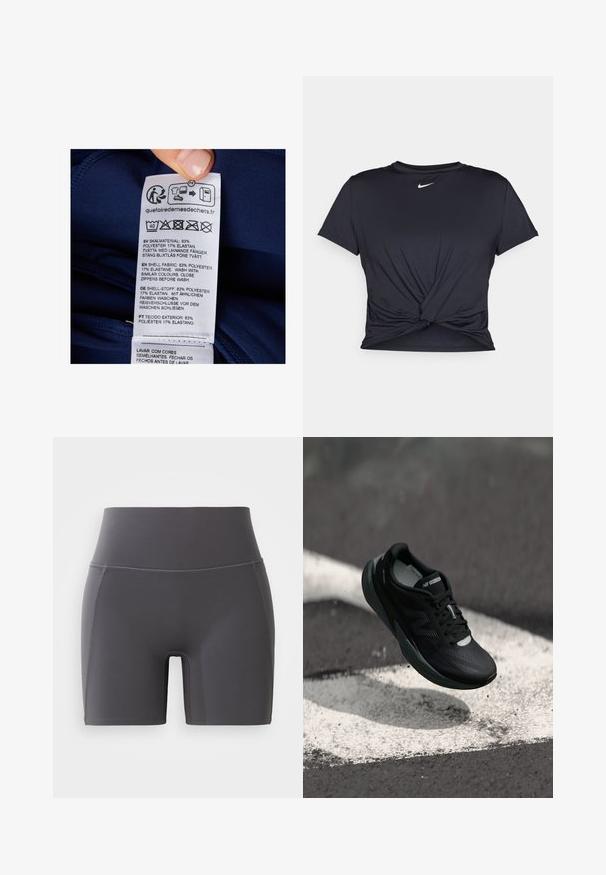 Navy fabric label featuring washing instructions and material details. Text in multiple languages: 83% polyester, 17% elastane.; Black athletic t-shirt made of smooth fabric, featuring a knotted front design and a small white Nike logo on the chest.; Gray athletic shorts with a high waistband, made from smooth, stretchy fabric. Features flatlock seams and a fitted design.; Black running shoe with a textured upper, sleek design, and reflective accents. Features a soft, cushioned sole for comfort.
