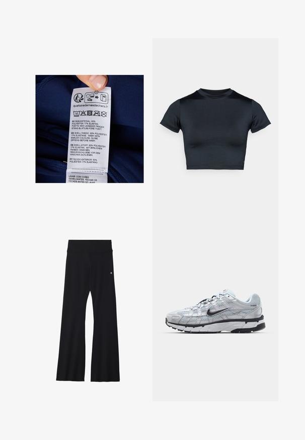 Granatowa metka z tkaniny zawierająca instrukcje prania i szczegóły dotyczące materiału. Tekst w wielu językach: 83% poliester, 17% elastan.; Krótki top z krótkim rękawem w ciemnym granacie, wykonany z gładkiej, elastycznej tkaniny. Posiada okrągły dekolt i minimalne przeszycia. Brak widocznych logo.; Even&Odd active - Rajstopy; Nike P-6000 sneakers z jasnoszarym siateczkowym wierzchem, czarnymi akcentami i trwałą czarną gumową podeszwą. Charakteryzują się skomplikowanym wzornictwem i systemem sznurowania.