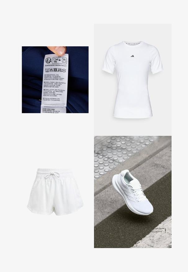 Marine stoffen label met wasinstructies en materiaaldetails. Tekst in meerdere talen: 83% polyester, 17% elastaan.; Witte sportshirt met korte mouwen, gemaakt van zachte, rekbare stof. Voorzien van een klein zwart Adidas-logo op de borst.; Witte sportieve shorts met een elastische tailleband en verstelbaar trekkoord. Gemaakt van lichtgewicht materiaal, met zijzakken en een losse pasvorm.; Witte sportschoen met een bovenwerk van mesh, vetersluiting en een textuurrijke zool. Subtiele branding en naadloze constructiedetails zichtbaar.