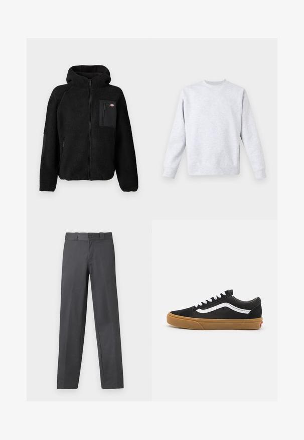 Crna fleece jakna s kapuljačom, zatvaračima i džepom na prsima. Karakterizira je teksturirani, udoban materijal i solidne crne naglasne panele.; Svijetlo siva dukserica od mekanog materijala, sa okruglim izrezom, dugim rukavima te rebrastim manžetama i donjim rubom. Minimalistički dizajn bez uzoraka.; Sive hlače od glatkog materijala, sa ravnim krojem, kopčanjem na dugme i ušicama za remen; minimalni šavovi i bez uzoraka.; Crne suède tenisice s bijelim bočnim crtama, bijelim vezicama i gumiranim potplatom. Klasičan niskoprofilni dizajn s teksturiranim detaljima i zaobljenim vrhom.