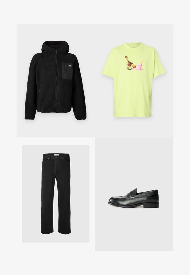 Mustast fliisis jope, millel on kapuuts, sirged lukud ja rinnakott. Omab tekstuurset, mugavat materjali ja ühtlase musta aksentpaneeli.; Lime roheline puuvillane T-särk, millel on graafika linnust ja roosast jäätisekoonusest, lihtsa ümberkaela lõike ja lühikeste varrukatega.; Mustad denim sirged püksid on varustatud klassikalise viie taskuga, nupuga kinnitamisega, minimaalse õmblusega ja pehme tekstuuriga.; Mustad mustad nahast loafers, mis on kaunistatud sileda viimistluse, õmblusdetailide ja veidi kõrgendatud kannaga.