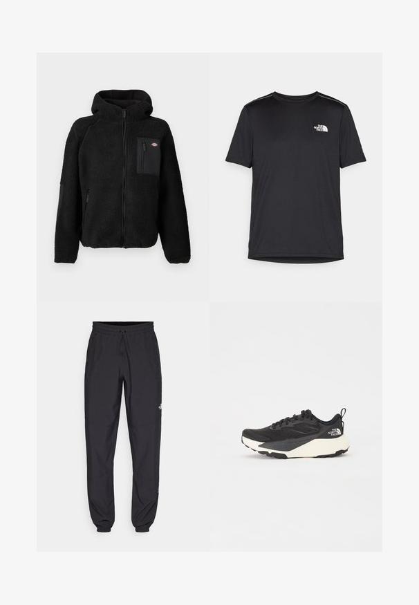 Svart fleecejakke med hette, glidelås lukking og brystlomme. Har et teksturert, koselig materiale og solide svarte aksentpaneler.; Svart kortermet T-skjorte laget av lett materiale. Har en liten hvit logo på venstre bryst og subtile skulderdetaljer.; Sorte idrettsbukser laget av lett stoff, med snor i livet, sidelommer og smale mansjetter ved anklene.; Svart treningssko med teksturert mesh-overdel, solide svarte detaljer og hvit, lett yttersåle. Har snøring og en løkke bak.