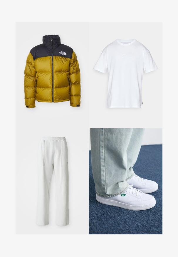 Μπουφάν με επένδυση σε μουσταρδί κίτρινο χρώμα, με μαύρο νάιλον πάνω μέρος, ψηλό γιακά, μπροστινό φερμουάρ και πλαϊνές τσέπες. Φέρει το λογότυπο της North Face.; Λευκό βαμβακερό μπλουζάκι με κοντά μανίκια και στρογγυλή λαιμόκοψη. Διαθέτει ένα μικρό, διακριτικό λογότυπο Nike στο στήθος και μια ετικέτα στο πλάι.; Λευκά casual παντελόνια με ελαστική μέση και μεγάλες μπροστινές τσέπες, τοποθετημένα σε απλή ανοιχτόχρωμη επιφάνεια.; Λευκά δερμάτινα sneakers με πράσινο λογότυπο Nike, στρογγυλή μύτη, επίπεδη σόλα, συνδυασμένα με ανοιχτό μπλε τζην παντελόνι, τοποθετημένα σε μπλε χαλί.