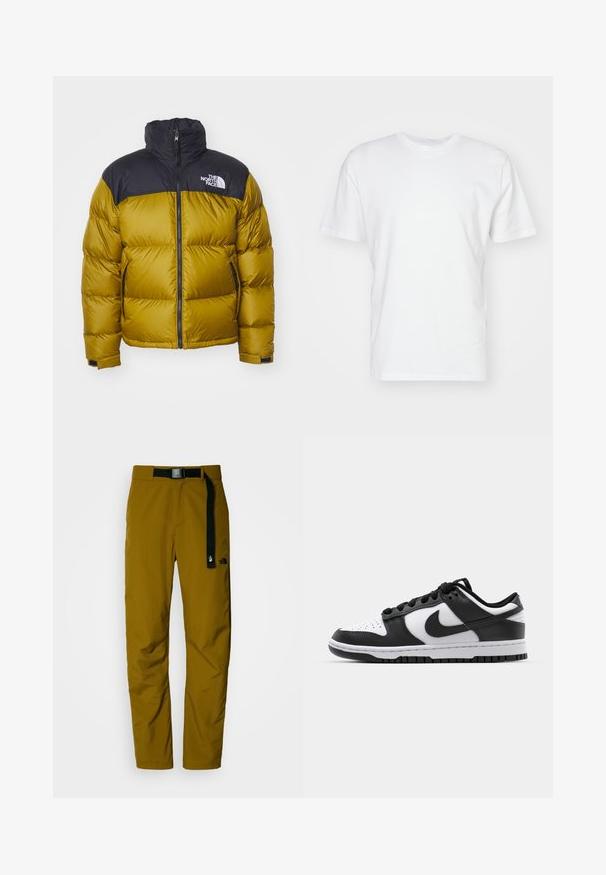 Pučka jakna u gorućoj žutoj boji s gornjim dijelom od crnog najlona, visokim ovratnikom, prednjim patentnim zatvaračem i bočnim džepovima. Na njoj je prikazan logo The North Face.; Bijela pamučna majica s kratkim rukavima, okruglim izrezom i glatkom teksturom. Jednostavan dizajn bez uzoraka ili grafika.; Vodootporne, lagane hlače za vanjske aktivnosti u tamno senfa boji s crnim podesivim remenom, s logotipom na lijevom bedro.; Crno-bijeli Nike Dunk tenisice s kožnom gornjom površinom, perforiranim prstom, crnim vezicama i crnom gumenom potplatom s dizajnom rebrastog uzorka.