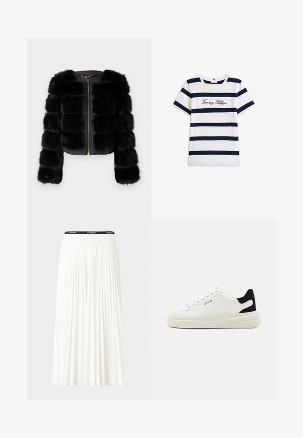 MARCIANO BY GUESS SOFT - Veste d'hiver - jet black; T-shirt en coton avec des rayures horizontales bleu marine sur un fond blanc. "Tommy Hilfiger" brodé en écriture cursive sur la poitrine. Encolure ras du cou.; Jupe plissée blanche avec une taille élastique noire portant le logo "LACOSTE". Design mi-long avec une texture douce.; Baskets en cuir blanc avec une épaisse semelle blanche, un accent en daim noir au niveau du talon et un logo embossé sur le côté. Design à lacets avec six œillets.