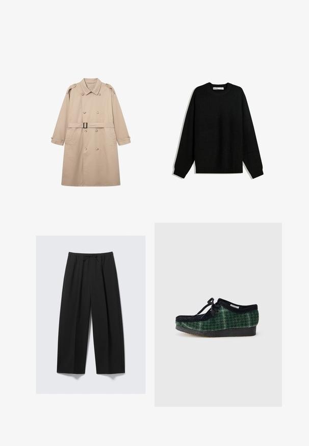 Bežový trenčkot s dvojitým predným zapínaním, širokým golierom, opaskom v páse a zapínacími manžetami. Hladká tkanina s minimálnou textúrou.; Čierny pletený sveter s okrúhlym výstrihom, spadnutými ramenami a rebrovanými manžetami a dolným okrajom. Obsahuje štruktúrovanú tkaninu pre teplo.; Čierne široké nohavice z ľahkého materiálu s elastickým pásom a šnúrkou, bez viditeľných vreciek.; Zelené a čierne topánky so vzorom, so zvrškom z semišu, zaoblenou špičkou, šnúrkami a textúrovanou gumovou podrážkou.