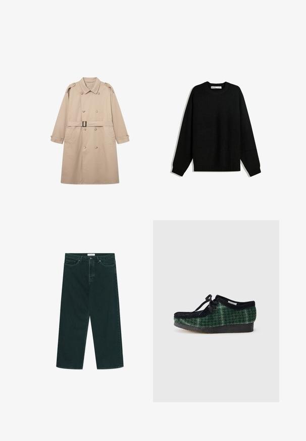 Palton bej cu un front dublu, guler larg, curea la talie și manșete cu nasturi. Material neted cu textură minimală.; Pulover negru din lână tricotat, cu decolteu rotund, umeri căzuți și manșete și tiv cu nervuri. Prezentă un material texturat pentru căldură.; Blugi din denim largi, de culoare verde închis, cu închidere cu nasture și fermoar, buzunare frontale și suporturi pentru curea, așezați pe un fundal alb.; Încălțăminte cu un model verde și negru, din suede, având vârful rotund, șireturi și o talpă texturată din cauciuc.