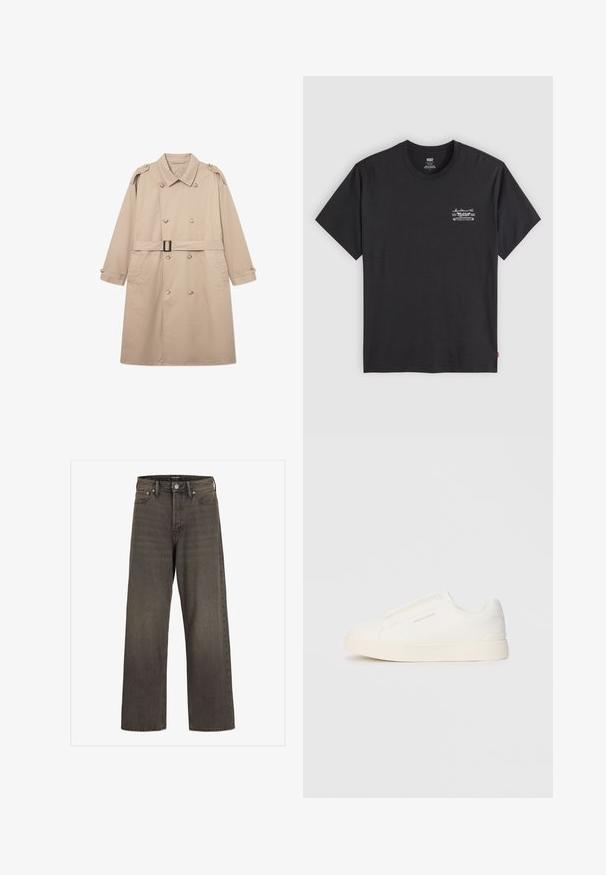 Bežový trenčkot s dvojitým predným zapínaním, širokým golierom, opaskom v páse a zapínacími manžetami. Hladká tkanina s minimálnou textúrou.; Čierne bavlnené tričko s krátkymi rukávmi a okrúhlym výstrihom. Obsahuje malú bielu grafiku na ľavej hrudi. Hladká textúra.; Džínsy s širokými nohavicami v tmavošedej džínsovine, s vysokým pásom, klasickým dizajnom s piatimi vreckami a kontrastným šitím pozdĺž švov.; Biele slip-on tenisky s textúrovaným povrchom, hrubou podrážkou a minimalistickým dizajnom. Obsahuje logo značky na boku.