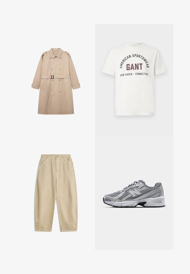 Bežový trenčkot s dvojitým predným zapínaním, širokým golierom, opaskom v páse a zapínacími manžetami. Hladká tkanina s minimálnou textúrou.; Biela tričko s krátkym rukávom s potlačou "AMERICAN SPORTSWEAR," "GANT," a "NEW HAVEN - CONNECTICUT" na prednej strane čiernymi a červenými písmenami.; Béžové nohavice s širokými nohavicami z bavlny, s vysokým pásom, prednými vreckami a zapínaním na gombík vpredu. Hladká textúra s čistými švami.; Sivá atletická topánka s častou z vrchnej časti, striebornými akcentmi, polstrovaným golierom a bielou medzipodrážkou s čiernou podrážkou.
