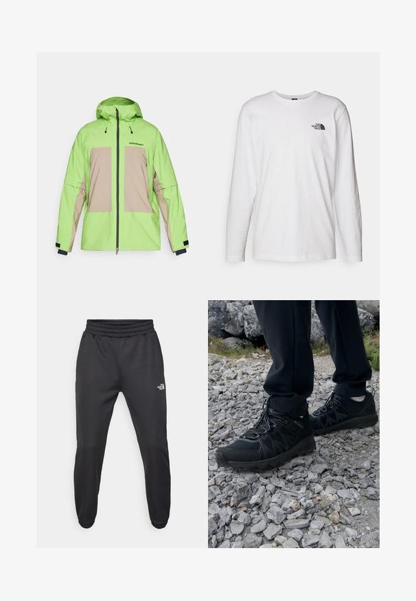 Vihreä ja beige vedenpitävä takki hupulla, jossa on edessä vetoketju, säädettävät narut ja kaksi suurta etutaskua.; Valkoinen pitkähihaisen T-paita, joka on valmistettu puuvillasta ja jossa on pyöreä kaula-aukko. Rintamuksessa on pieni musta logo. Sileä kangas, normaali malli.; Mustat collegehousut, joissa on nauhakuomu vyötäröllä, kapeneva fit, elastiset hihansuut ja pieni valkoinen logo vasemmassa reidessä, valmistettu sileästä kankaasta.; Mustat ulkokengät, joissa on verkko- ja synteettinen materiaali, teksturoitu päällinen, varma nauhoitusjärjestelmä ja kestävä pohja kivikkoisella maastolla.