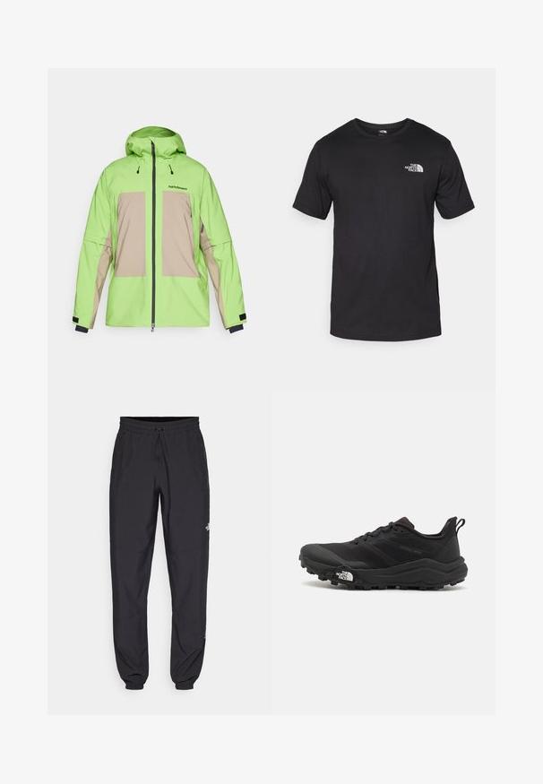 Zielona i beżowa wodoodporna kurtka z kapturem, z przednim zamkiem, regulowanymi sznurkami i dwiema dużymi kieszeniami z przodu.; Czarna koszulka z krótkim rękawem wykonana z bawełny, z okrągłym dekoltem i małym białym logo na górnej lewej części klatki piersiowej.; Czarne spodenki sportowe wykonane z lekkiego materiału, z elastycznym pasem na sznurek, bocznymi kieszeniami i zwężanymi mankietami przy kostkach.; Czarne buty do biegania w terenie z teksturowaną cholewką, gumową podeszwą i wzmocnionym noskiem. Posiadają wyściełany kołnierz oraz uchwyt do łatwego zakładania.