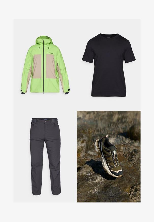 Roheline ja beež veekindel jakk kapuutsiga, millel on esine tõmblukk, reguleeritavad nöörid ja kaks suurt esikotti.; Must musta T-särk, mis on valmistatud siledast kangast, koos ümarkaelusega ja lühikeste varrukatega. Rinna peal on mustal taustal õrn bränding.; Tumed hallid püksid, mis on valmistatud vastupidavast kangast, varustatud lukuga tasku, sirge lõikega ja vööaasadega, et sobivust kohandada.; Olive rohelised ja mustad matkasaapad roosade aktsentidega. Omab tekstuurset ülemist osa, painduvaid põhi, tugevdatud varbakaitset ja värvilist paeltesüsteemi.