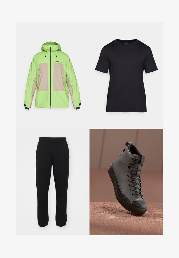 Zelená a béžová voděodolná bunda s kapucí, vybavená předním zipem, nastavovacími šňůrkami a dvěma velkými předními kapsami.; Černé tričko vyrobené z hladkého materiálu, s kulatým výstřihem a krátkými rukávy. Diskrétní značení potištěné černou barvou na hrudi.; Černé tepláky vyrobené z bavlněné směsi, s elastickým páskem v pase, zúženými nohavicemi a žebrovanými manžetami na kotnících. Jednoduchý design, bez vzorů.; Vysoké tenisky z šedé kůže s texturovaným povrchem, černou gumovou špičkou a šedými tkaničkami. Obsahují poutko na patě.