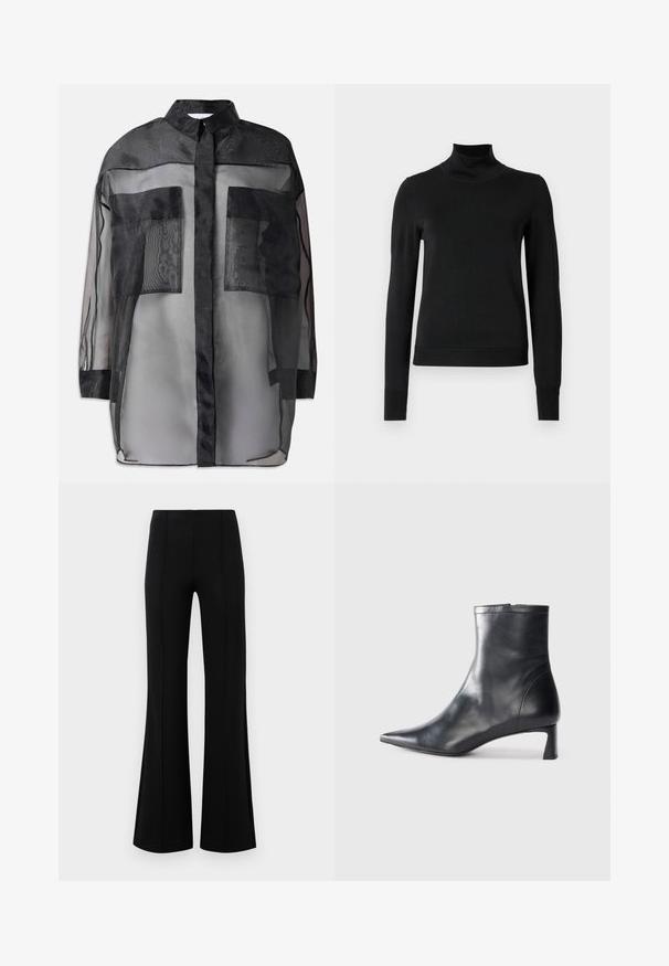 Black sheer button-up shirt with a collar, featuring two large front pockets, sheer fabric, and a slightly opaque texture.; Black long-sleeve turtleneck sweater with ribbed cuffs and hem, displayed on a plain white background.; Black flared pants with a high waist, made of stretchy fabric. Features vertical seam details on the front and a smooth texture.; Black leather ankle boot with a pointed toe and a sleek design. Features a low heel and a zipper closure at the back. Smooth texture.