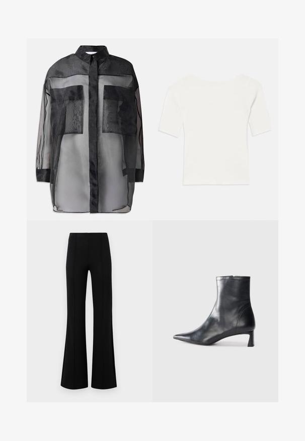 Black sheer button-up shirt with a collar, featuring two large front pockets, sheer fabric, and a slightly opaque texture.; White ribbed short-sleeve top with a wide neckline. The texture features vertical stripes, emphasizing a snug fit and simple design.; Black flared pants with a high waist, made of stretchy fabric. Features vertical seam details on the front and a smooth texture.; Black leather ankle boot with a pointed toe and a sleek design. Features a low heel and a zipper closure at the back. Smooth texture.