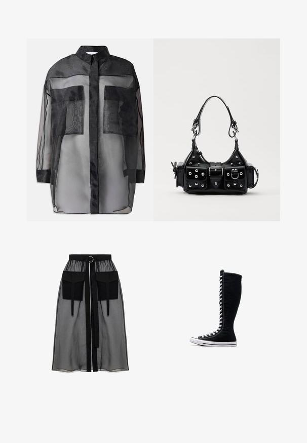 Črna prosojna srajca na gumb s ovratnikom, ki ima dva velika sprednja žepa, prosojno tkanino in rahlo neprozoren videz.; Črn dolg rokav krojen zgornji del, ki ima visok ovratnik, prosojen mrežast panel na pasu in strukturirane šive za prileganje.; Črna prozorna krila z nabranim pasom, ki ima dva velika sprednja žepa, pas za zavezovanje in okroglo kovinsko dekoracijo.; Črne visoke superge z visokim dizajnom, narejene iz platna. Imajo bele vezalke, šivanje in gumijast podplat z zaščito za prste.; Črna usnjena torbica s ukrivljenim dizajnom, ki vsebuje srebrne žebljičke, zaponko in dve stranski žepki. Nastavljiv trak za različne možnosti nošenja.
