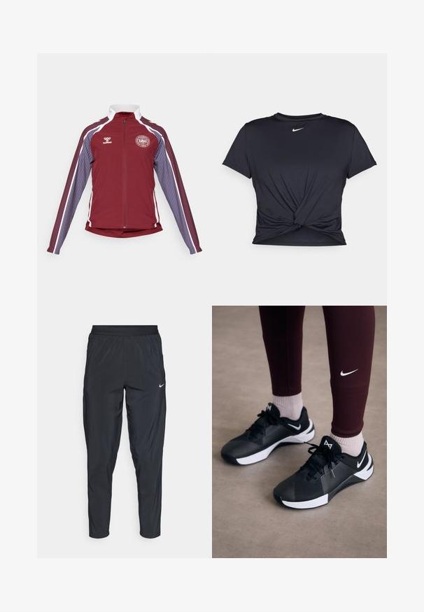 Bordo sportska jakna s punim zatvaračem, bijelim akcentima i vertikalnim prugama svijetloplave i ljubićaste boje na rukavima. Ima okrugli logotip na prsima.; Crni trenirac s kratkim rukavima izrađen od glatkog materijala, s čvorastim dizajnom sprijeda i malim bijelim Nike logotipom na prsima.; Crne sportske hlače s elastičnim pojasom, sužene nogavice i mali bijeli logo na lijevom bedru. Lagana, glatka tkanina.; Crne atletske cipele s teksturiranim gornjim dijelom i bijelim naglascima, opremljene vezicama i logotipom sa strane. Nosene s maroon tajicama i svijetlim čarapama.