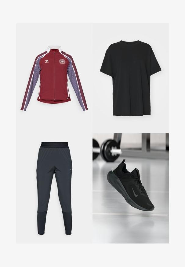 Jaqueta atlética bordeaux com zip completo, acentos brancos e riscas verticais em azul claro e violeta nas mangas. Apresenta um logo redondo no peito.; T-shirt preto de manga curta feito de tecido suave, com decote redondo e corte solto. Apresenta aberturas laterais para maior conforto e respirabilidade.; Calças de treino Nike em cinza escuro, com um design de perna afunilada, cintura elástica e detalhes de destaque próximo aos punhos.; Sapatilha desportiva preta com o logotipo da Nike, mostrada em pleno ar sobre o chão do ginásio, com um suporte de halteres desfocado ao fundo.