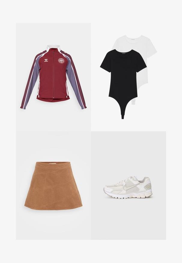 Maroon athletic jacket with a full zip, white accents, and vertical stripes in light blue and violet on sleeves. Features a round logo on chest.; Black and white short-sleeve bodysuits with round necklines and thong bottoms, made from smooth, stretchable fabric.; Brown corduroy mini skirt with a flared design, featuring diagonal seams and a smooth texture. Flat waistband at the top.; White athletic shoe with mesh and synthetic materials. Features a textured design, padded collar, and geometric accents on the heel.