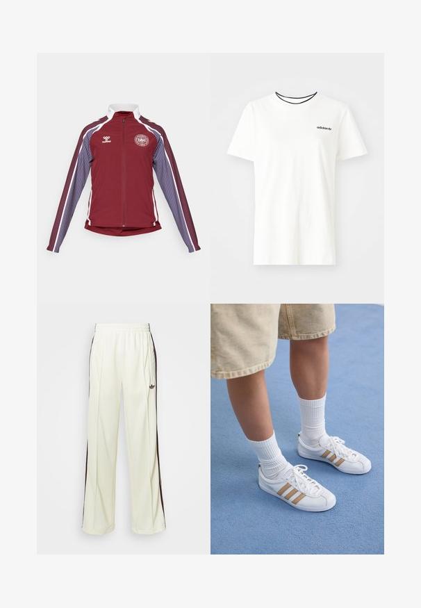 Bordo sporta jaka ar pilnu rāvējslēdzēju, baltām akcentiem un vertikālajām svītrām gaiši zilos un violetos toņos uz piedurknēm. Izceļas ar apaļu logo uz krūtīm.; Balta kokvilnas T-krekls ar īsām piedurknēm un apļveida kakla izgriezumu. Piedāvā melnu Adidas logotipu uz krūtīm un kontrastējošu melnu iekšējo apkakli.; Krēma krāsas sporta bikses ar brīvu piegriezumu, ar tumši brūnām sānu svītrām un izšūtu logotipu kreisajā augšstilbā.; Baltas sporta apavs ar trim zelta svītrām, šņorējams dizains, gumijas zole, valkāts ar ribotām baltām zeķēm un beigu šortiem uz zila fona.