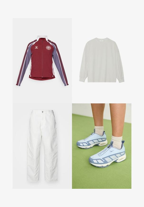 Burgunderfarget idrettsjakke med full glidelås, hvite detaljer og vertikale striper i lyseblått og fiolett på ermene. Har et rundt logo på brystet.; Lys grå langermet t-skjorte laget av myk bomull. Har en løs passform, rund hals og forsiktig samlet mansjetter. Ingen mønstre eller grafikk.; Hvite cargo-bukser laget av denim, med en avslappet passform, sidelommer og synlige sømmer. Enkelt front med knapplukking.; Lyseblå treningssko med hvite detaljer, strukturerte paneler og glidelås. Har en synlig luftputesåle og gummisåle.