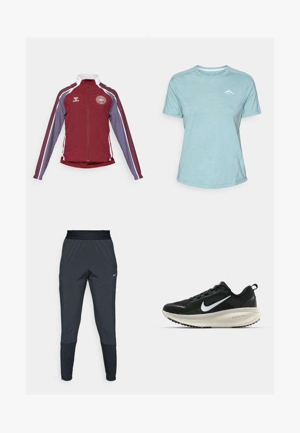 Maroon athletic jacket with a full zip, white accents, and vertical stripes in light blue and violet on sleeves. Features a round logo on chest.; Light blue short-sleeve t-shirt made of soft fabric, featuring a round neckline and a small white logo on the chest. Seam detailing visible.; Nike athletic pants in dark gray, featuring a tapered leg design, elastic waistband, and accent details near the cuffs.; Black Nike running shoe with breathable mesh upper, white swoosh logo, textured detailing, and a cream-colored ZoomX midsole.