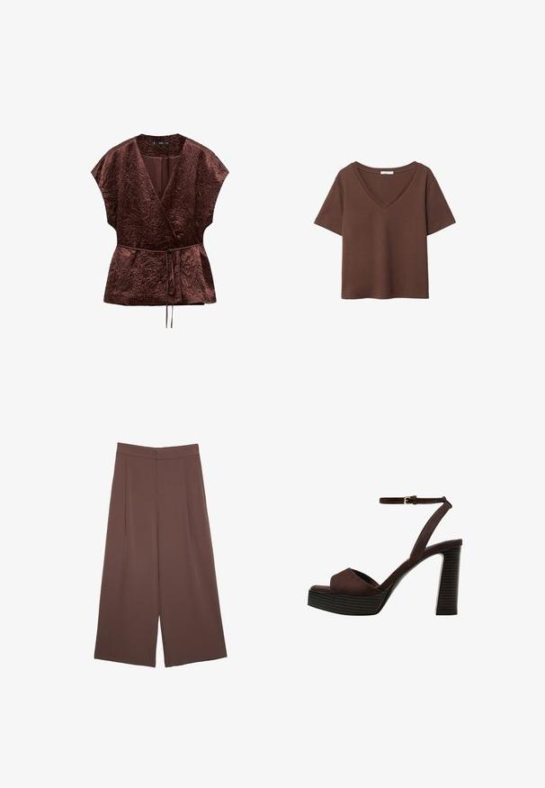 Hnědý, zmačkaný top s wrap stylem, má výstřih do V, krátké rukávy a zavazování v pase pro úpravu. Hladká textura s uvolněným střihem.; Hnědý bavlněný tričko s krátkými rukávy a hlubokým V-výstřihem. Jednoduchý design, měkká textura a rovný lem. Žádné vzory ani akcenty.; Hnědé široké kalhoty s hladkou texturou, vysokým pasem a předními záhyby. Materiál je lehký a volně splývá.; Hnědé semišové sandály na vysokém podpatku s otevřenou špičkou, nastavitelným páskem kolem kotníku a proužkovou platformou.