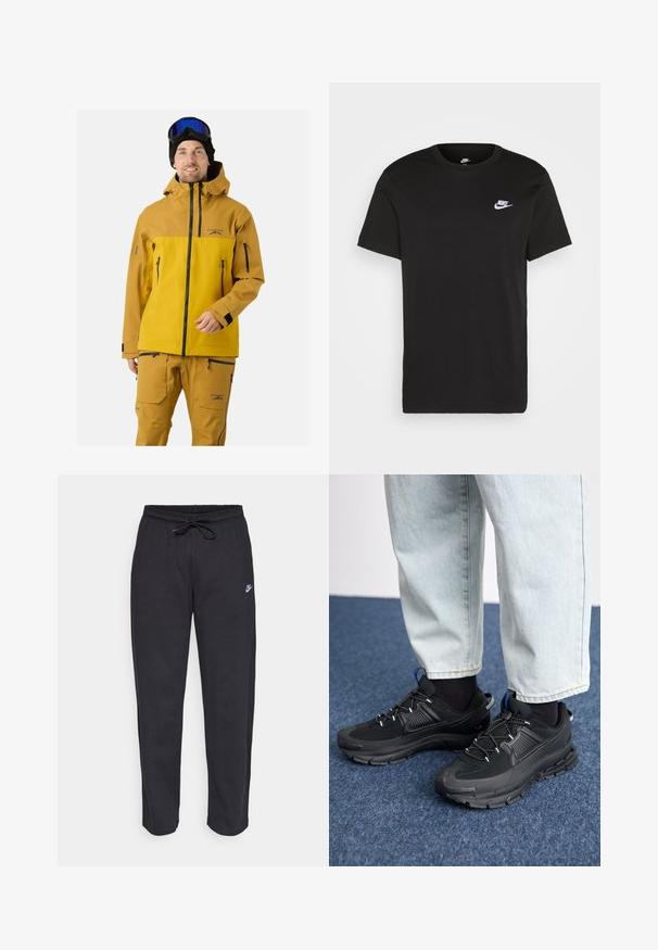 Mężczyzna w musztardowo-żółtej i brązowej kurtce oraz spodniach narciarskich, z czarnymi goglami narciarskimi i czarną czapką, stojący na jednolitym tle.; Czarna bawełniana koszulka z krótkim rękawem, okrągłym dekoltem i małym białym logo Nike na górnej lewej stronie klatki piersiowej. Gładka faktura. Klasyczny krój.; Czarne dresy wykonane z miękkiego materiału, z elastycznym pasem, sznurkiem do ściągania i małym logo Nike na lewej udzie.; Czarne buty sportowe z teksturowanej tkaniny i gumowymi podeszwami, z elastycznymi sznurówkami i niebieskim akcentem na pięcie. Noszone z jasnymi dżinsami.