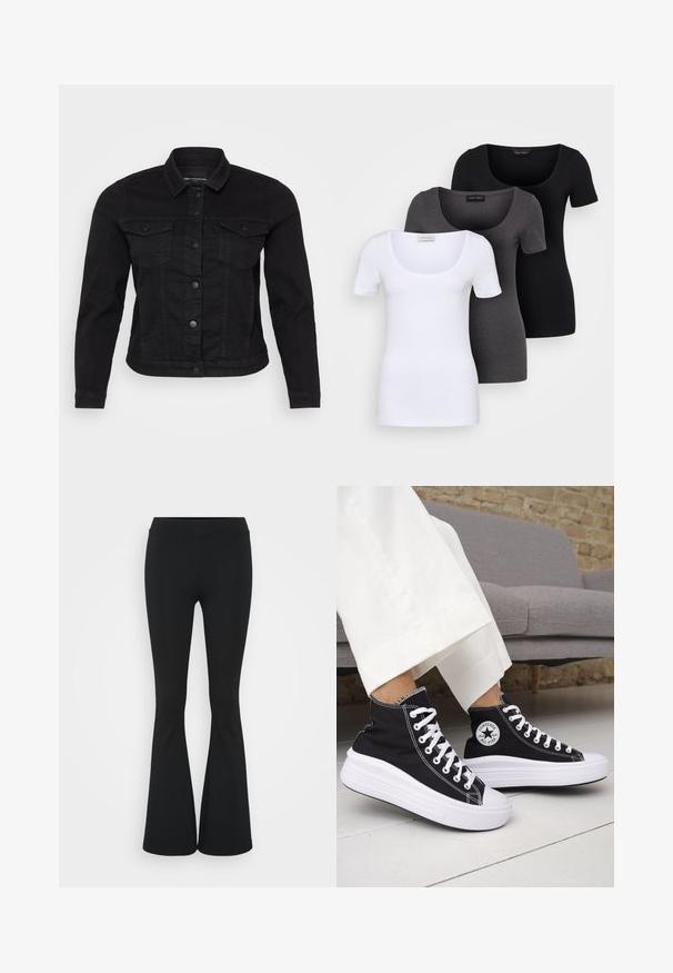 Jaqueta de denim preta com collar clássico, fecho frontal por botões, dois bolsos no peito e detalhes de costura.; Três t-shirts ajustadas em branco, cinza e preto. Cada uma possui um decote amplo e mangas curtas. Feitas de um tecido liso e elástico.; Calças pretas de corte alargado feitas de tecido elástico, com uma cintura alta e uma textura suave. As calças alargam-se a partir do joelho.; Ténis pretos de cano alto com solas e atacadores em borracha branca. Apresentam um emblema redondo e costuras contrastantes em branco. Material em lona.