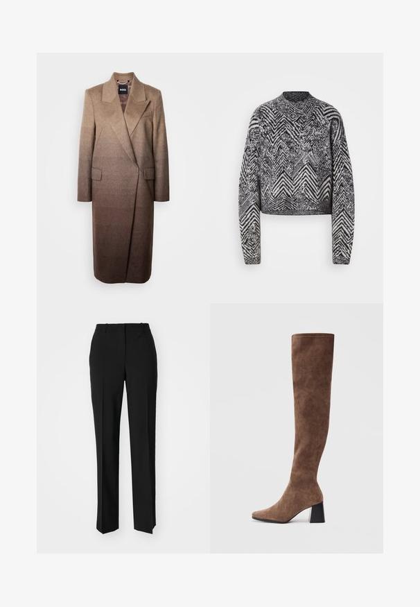 Pruun villasegu Mantel, millel on kohandatud siluett, sälglaaned ja kaks esikotit, millel on heledast tumedaks ülemineva värvi gradient.; Must have keksi mustriga mustjas-valge lühike kampsun, millel on pikad varrukad ja ümar kaelus. Tekstuuriga kudum.; Mustad ja sirged püksid, millel on sile tekstuur ja teravad voldid esiosas. Ilma nähtavate detailideta.; Pruunid üle põlve saapad, mis on valmistatud pehmest seadusest, terava ninaga ja paksu musta kontsaga. Kujundus sisaldab sujuvat õmblust, et anda elegantne välimus.