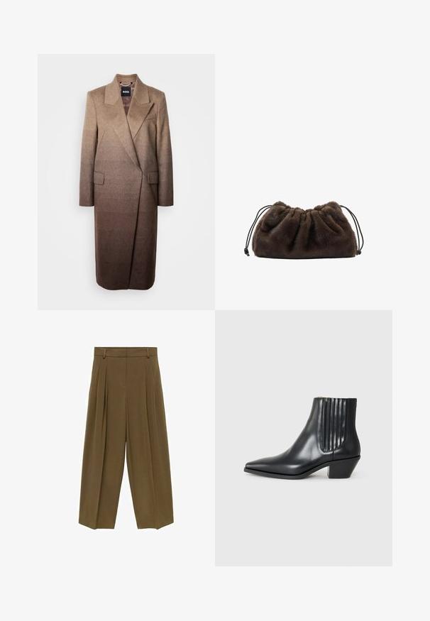 Brun uldblandingsfrakke med en skræddersyet silhuet, klaplevelser og to forlommer med en gradientfarveeffekt fra lys til mørk.; Gestuz MANZI ROLLNECK - Striktrøje - deep graphite; Brune pliserede bukser med høj talje, brede ben og blød stoftekstur, designet med fire bæltesløjfer og en ren front.; Sorte læder ankelstøvle med spids tå, elastiske sidepaneler med lodrette riller og en lav blokhæl. Glat tekstur og slankt design.; Brun håndtaske i imiteret pels med et rynket design og snøre-lukning. Blød tekstur, rund form og minimalistisk stil.