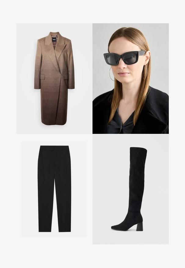 Cappotto in misto lana marrone con silhouette sagomata, rever a taglio e due tasche frontali, caratterizzato da un effetto di colore sfumato che va dal chiaro allo scuro.; Top nero a maniche lunghe con dettaglio di tessuto arricciato sul davanti e ai polsi, realizzato in materiale morbido ed elasticizzato con scollatura a barca.; Pantaloni neri dal design sartoriale, con tasche laterali e gamba dritta. Realizzati in tessuto liscio e leggero con una finitura elegante.; Stivale in suede nero alto fino al ginocchio con tacco a blocco, punta affusolata e design liscio e senza cuciture su uno sfondo chiaro e semplice.; Occhiali da sole a forma di occhio di gatto neri con lenti scure, montatura spessa e dettagli sottili. Indossati con un cappotto nero e una maglia grigia, con capelli lunghi e lisci.