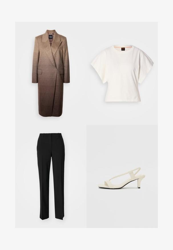 Brun uldblandingsfrakke med en skræddersyet silhuet, klaplevelser og to forlommer med en gradientfarveeffekt fra lys til mørk.; Hvid cropped T-shirt, korte brede ærmer, blødt bomuldsstof, rund halsudskæring med diskret orange kant, minimalistisk design uden mønstre eller grafik.; Sorte skræddersyede bukser med lige ben-design, der har en glat tekstur og skarpe folder langs fronten. Ingen synlige hardware.; Beige blokhælede sandaler med tynde remme og en firkantet tå. Glat materiale med minimal detaljering, designet til nem brug.
