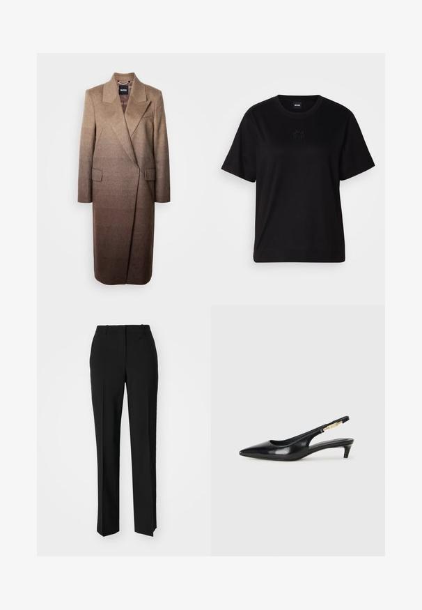Cappotto in misto lana marrone con silhouette sagomata, rever a taglio e due tasche frontali, caratterizzato da un effetto di colore sfumato che va dal chiaro allo scuro.; Maglietta in cotone nera con scollatura tonda, maniche corte e logo ricamato sul petto. Design semplice e vestibilità rilassata senza motivi.; Pantaloni neri su misura con un design a gamba dritta, caratterizzati da una texture liscia e pieghe ben definite sul davanti. Senza hardware visibile.; Tacchi slingback in pelle nera con punta affusolata, caratterizzati da un tacco alto e un accento dorato sulla cinghia regolabile. Texture liscia.
