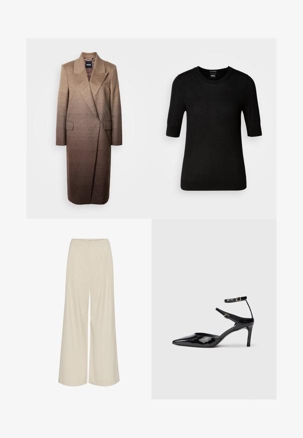 Brun uldblandingsfrakke med en skræddersyet silhuet, klaplevelser og to forlommer med en gradientfarveeffekt fra lys til mørk.; Sort T-shirt med korte ærmer lavet af fin merinould. Rund halsudskæring, slim fit, glat tekstur, minimalt design, ingen synlige mønstre eller accenter.; Vide bukser i en lys beige stof, med folder, høj talje og en glat tekstur uden synlige pynt.; Sorte laklæderhæle med spids tå, justerbare ankelstropper og en slank hæl. Glat tekstur med en skinnende finish.