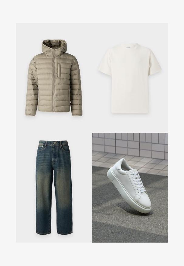 Švarkas pūkuotas, šviesiai bežinis, su kapišonu, užtrauktuku ir krūtinės kišene. Paklota konstrukcija su horizontaliomis siūlėmis izoliacijai.; Balta trumpa rankovė T-polo marškinėlių su juostelėmis tekstūra. Apvalus iškirpimas, laisvas fasonas, jokių matomų raštų ar akcentų. Paprastas ir universalus dizainas.; Mėlyni džinsai su tiesiu kirpimu, turintys išblukusį dizainą su šviesesnėmis atspalviais link apvado, penkios kišenės ir mygtukų uždarymas.; Balti odiniai sportbačiai su lygiu paviršiumi, apvalia nosimi ir plokščiomis baltomis raištelėmis. Yra tekstūruotas gumos padas ir minimalizmas dizaino elementuose.