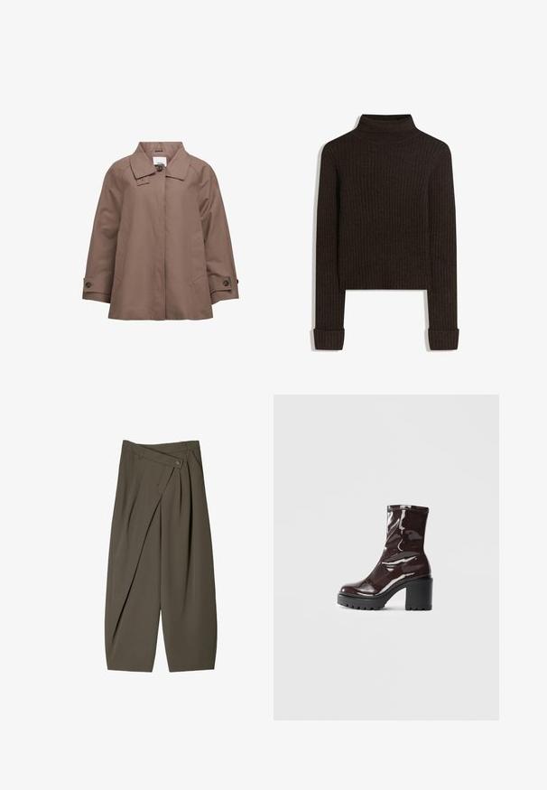 Object Summer jacket - morel; Brown ribbed turtleneck sweater with long sleeves and rolled cuffs; made of textured fabric; cropped length.; Wide-fit trousers in dark olive green fabric, featuring a pleated front design, a button closure, and a polished, textured surface.; Glossy burgundy ankle boot with a chunky black heel, featuring a smooth texture and simple design. No visible fastenings or patterns.