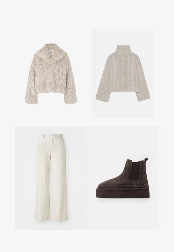Jachetă scurtă din blană sintetică de culoare crem, cu o guler lat, suprafață texturată și mâneci lungi. Se închide cu un nasture în față.; Pulover tricotat, de culoare gri deschis, cu guler înalt și manșete ribbrate, având modele texturate de cabluri pe spate și pe laturi.; Pantaloni cu picioare largi, de culoare bej deschis, dintr-un material neted. Prezintă un brâu clasic și un față plată cu linii curate.; Cizme Chelsea din suede maro, cu panouri elastice pe laterale și o talpă groasă, texturată. Dispun de un obiect de prindere la călcâi pentru a facilita îmbrăcarea.