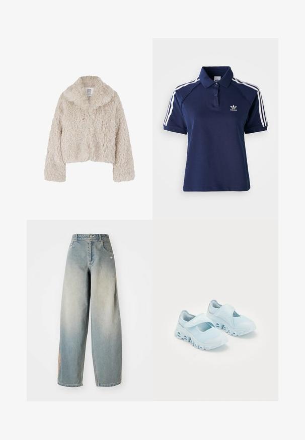 Krēmkrāsas mākslīgā kažokādas saīsināts jaka ar plašu apkakli, teksturētu virsmu un garām piedurknēm. Iekļauj priekšējo pogu aizdari.; Kreklu polo tumši zilā krāsā, izgatavots no kokvilnas maisījuma, ar apkakli, trim pogām un baltām svītrām plecu daļā; rotāts ar izšūtu logo.; Gai zilo denimu platās kājas džinsi ar izbalējušu apdari. Iekļauj priekšējos kabatas, pogu aizdari un nedaudz pamanāmu logotipu jostasvieta.; Gaišzili sporta apavi ar sieta audumu, izteikti izgriezumi zolē un Velcro siksna virsū, lai nodrošinātu drošu piestiprināšanu.