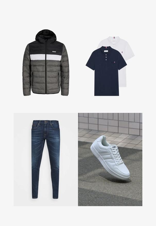 Gesteppten Jacke mit einer schwarzen Kapuze, grauem Körper und weißem Mittelteil. Verfügt über einen Reißverschluss und seitliche Taschen mit einem horizontalen Steppmuster.; Zwei Poloshirts: eines in marineblau und eines in Weiß, beide mit einem kleinen rot, weiß und blauen Akzent auf der Brusttasche und dem Kragen.; Dunkelblaue Jeans im Slim Fit mit subtiler Verwaschung, fünf Taschen und einem Metallknopfverschluss. Genähte Akzente in kontrastierender Farbe.; Weiße sportliche Sneaker mit Obermaterial aus glattem Leder, Schnürfront, durchlöchtem Zehenbereich und gemusterter Sohle. Minimalistisches Design mit drei Seitenstreifen.