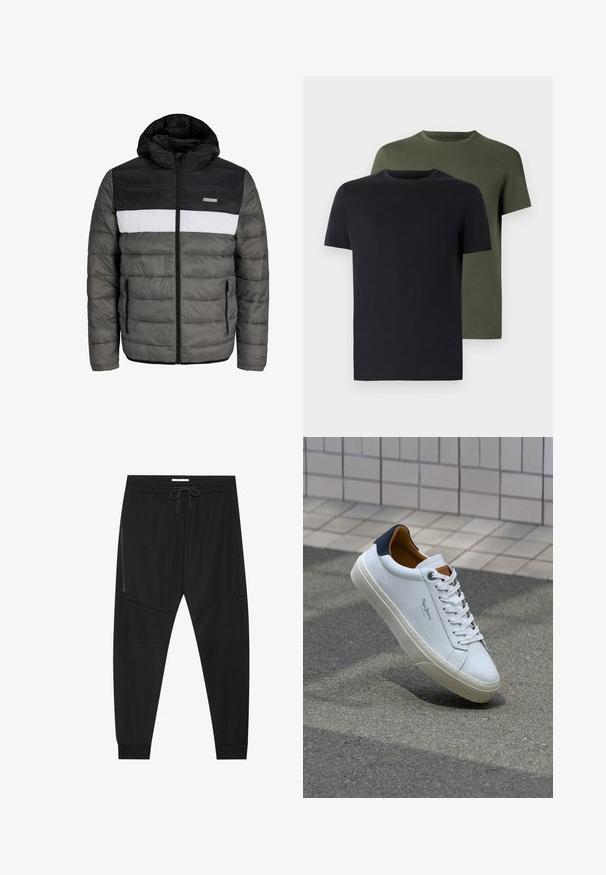 Dukserica s punjenjem s crnom kapuljačom, sivo tijelo i bijelim središnjim panelom. Ima zatvaranje na zip i bočne džepove s horizontalnim kvadratnim uzorkom.; Dva majica s okruglim izrezom u crnoj i maslinastoj boji, napravljena od mekanog pamučnog materijala. Dizajn je jednostavan s kratkim rukavima i ravnim krojem.; Crne sportske hlače od teksturirane tkanine, s podesivim pojasom, bočnim džepom sa zatvaračem i suženim manžetama.; Bijela kožna tenisica s mornarskom petom, okruglim vrhom i kontrastnim smešnim akcentima. Sadrži ravne vezice i teksturiranu gumenu potplat.