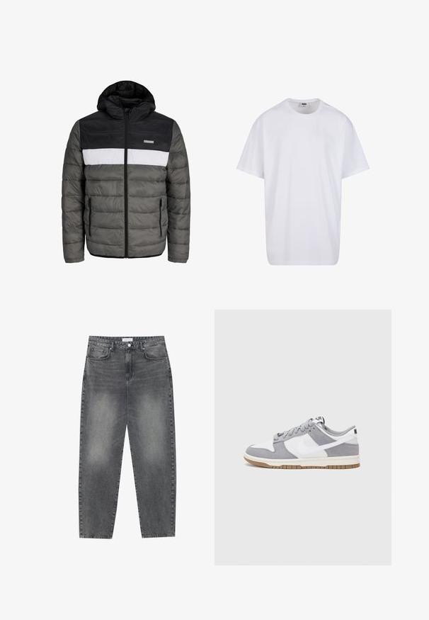 Veste matelassée avec capuche noire, corps gris et panneau central blanc. Elle comporte une fermeture éclair et des poches latérales avec un motif matelassé horizontal.; T-shirt en coton blanc avec des manches courtes, un col rond, une coupe décontractée et sans logos ni motifs visibles. Texture lisse et design minimaliste.; Jean taille haute, décontracté en denim noir délavé. Comprend cinq poches, des passants de ceinture et un design de jambe droite épurée.; Baskets grises et blanches avec un dessus en suède et cuir, bout rond, lacets plats et semelle en caoutchouc avec une touche de gomme.