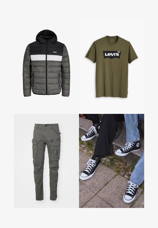 Polstret jakke med sort hætte, grå krop og hvid centralpanel. Har lynlåslukning og sidelommer med et vandret quiltet mønster.; Olivengrøn bomuld T-shirt med stort sort Levi's-logo i en kontrasterende, halvcirkelformet bue hen over brystet. Almindelig pasform.; Grå cargo bukser lavet af slidstærkt stof, med flere lommer, lynlåse, knaplukning og et tapered ben design.; Sorte høje canvas sneakers med hvide gummisåler og snørebånd, prydet med et cirkulært logo på siden og parret med denim og sorte bukser.